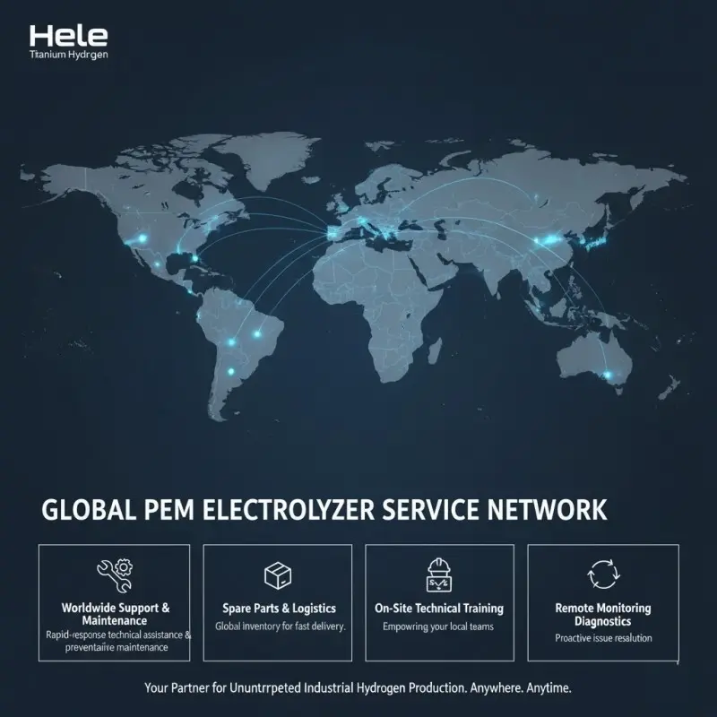 Global PEM electrolyzer service network providing industrial support and maintenance worldwide for commercial systems