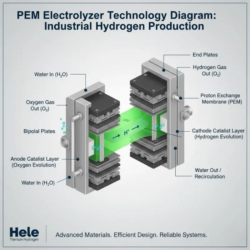 PEM electrolyzer technology diagram illustrating industrial hydrogen production process and core system components