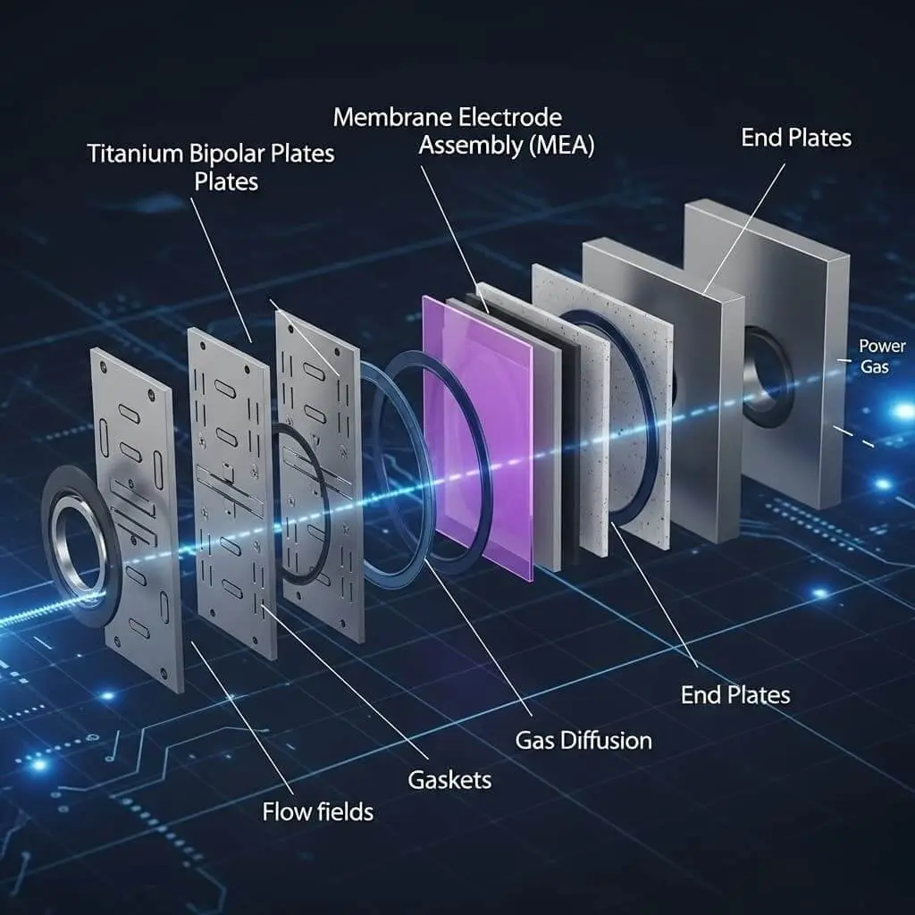 A detailed, annotated 3D diagram showing the exploded view of a PEM electrolyzer stack, highlighting the Membrane Electrode Assembly (MEA), titanium bipolar plates, gaskets, and end plates.