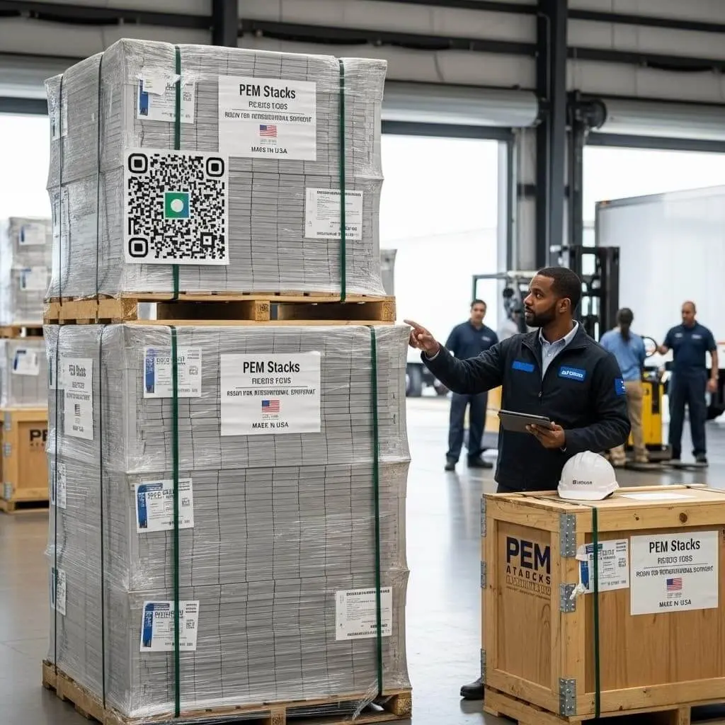 A professional engineer in a modern facility overseeing a large pallet of securely packaged PEM stacks, ready for international shipment.