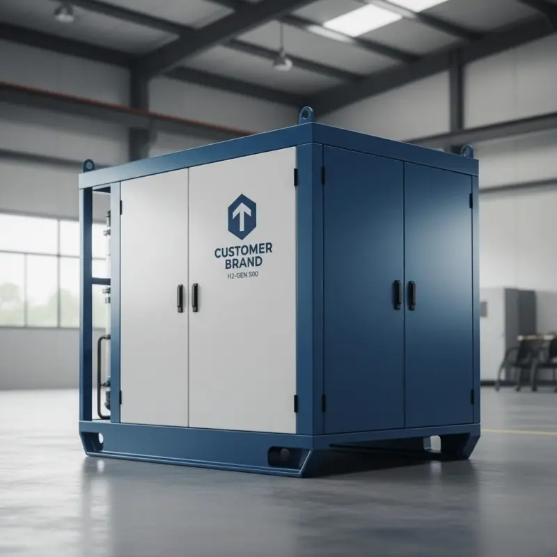 Custom-branded PEM water electrolyzer system with client-specific branding and design for wholesale OEM partnership.