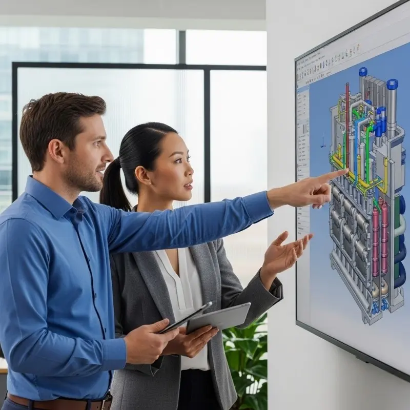 Engineers collaborating on a 3D CAD model of a custom PEM electrolyzer, a key part of the Design for Manufacturability (DFM) process for hydrogen technology OEM.