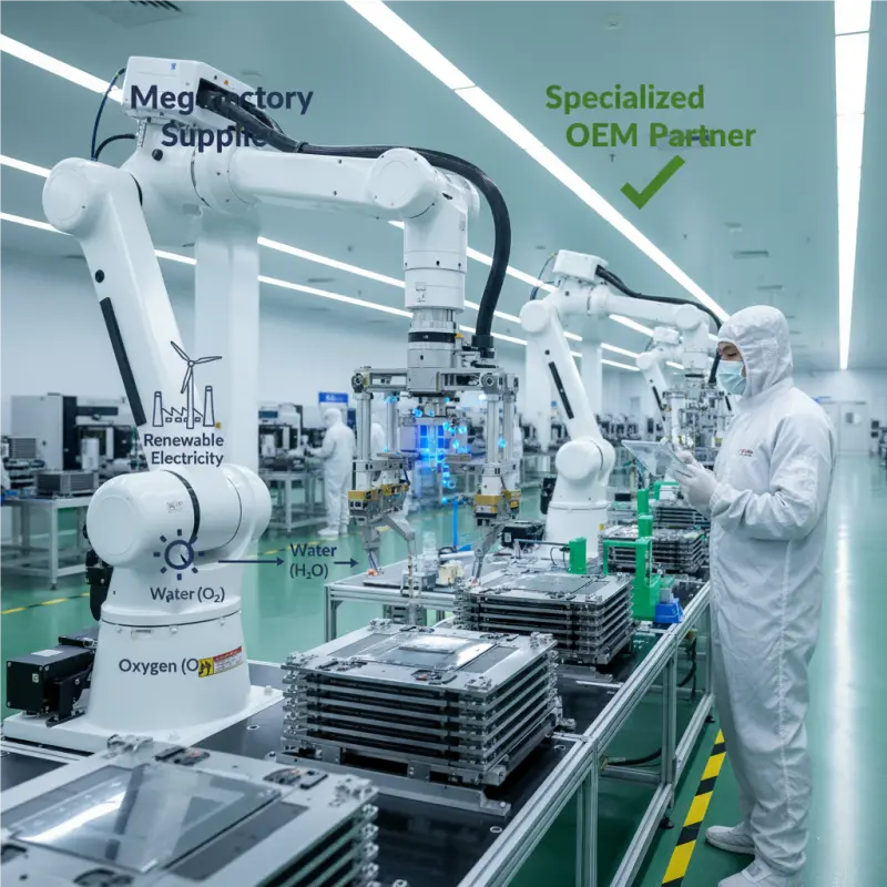 Inside a modern electrolyzer manufacturing factory in China, showcasing advanced automation and skilled technicians for high-quality OEM production and a reliable supply chain.