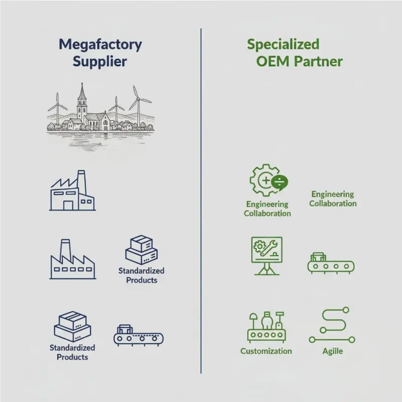 Infographic comparing a megafactory supplier with a specialized OEM partner for sourcing electrolyzers, highlighting the B2B benefits of customization and collaboration.