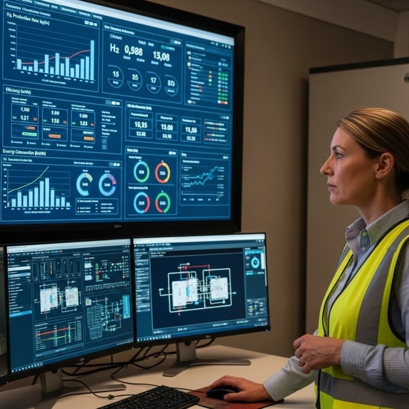 A plant manager or engineer in a control room, viewing a monitor with performance data for a hydrogen electrolyzer, representing data-driven decisions and operational control.