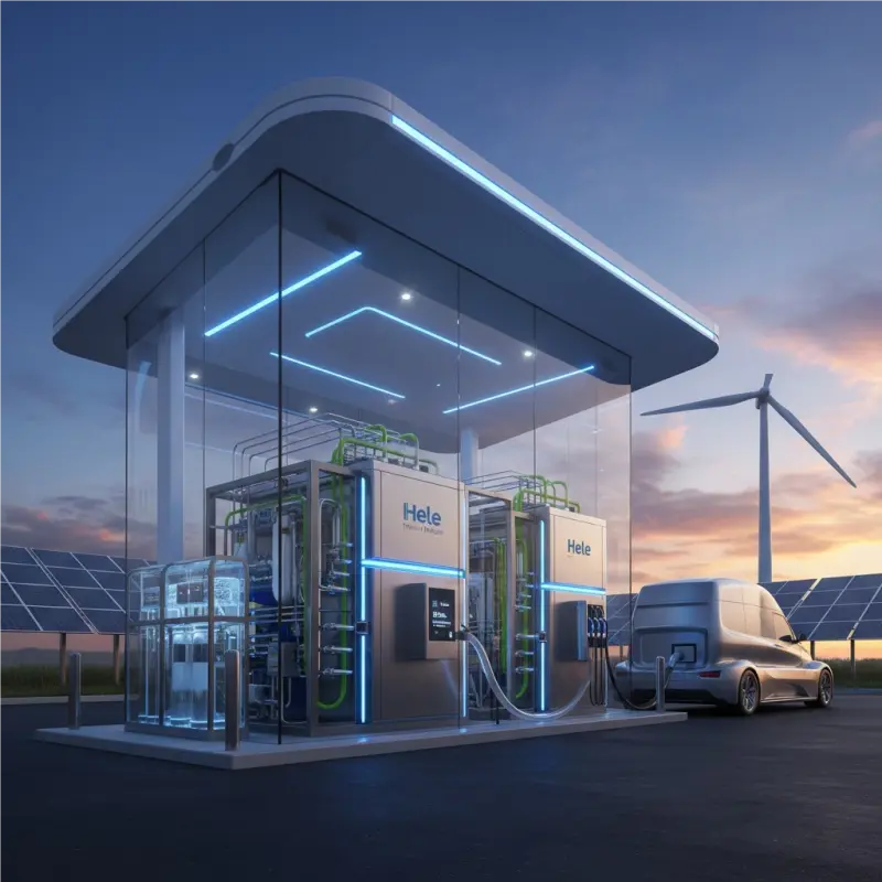 Hele Titanium Hydrogen PEM electrolyzer system at a modern hydrogen refueling station, powered by solar panels and a wind turbine.