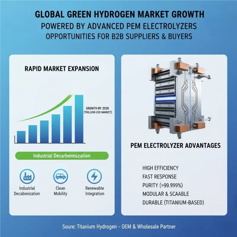 Infographic showing global green hydrogen market growth powered by PEM electrolyzers, tailored for B2B suppliers and buyers.