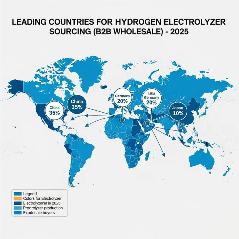 Global hydrogen electrolyzer sourcing map 2025 with China, Germany, USA, Japan suppliers.