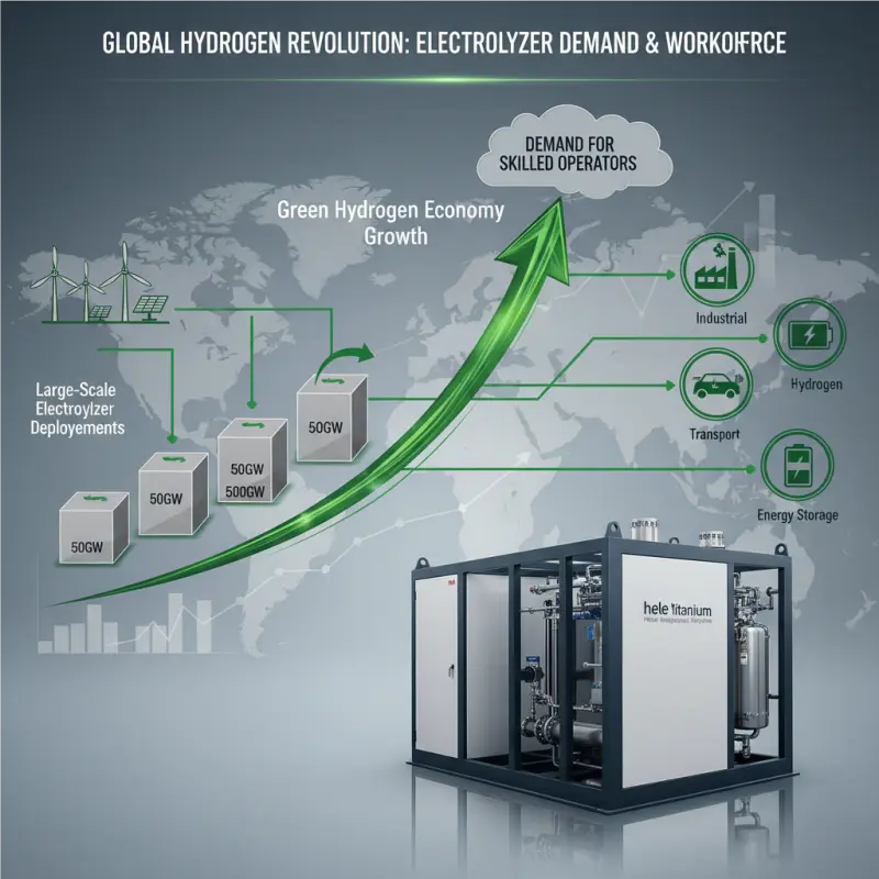 Infographic showing the growth of the green hydrogen economy and demand for large-scale electrolyzers.
