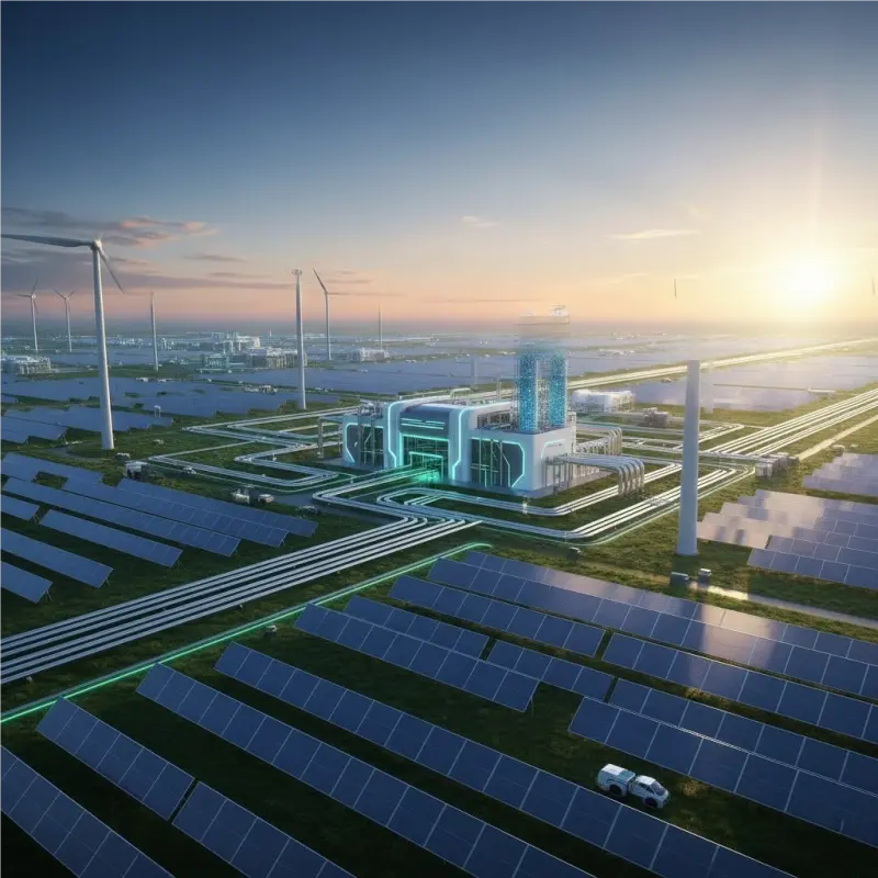 modern green hydrogen production facility powered by renewable energy from solar panels and wind turbines, representing the global hydrogen economy and manufacturing opportunities.