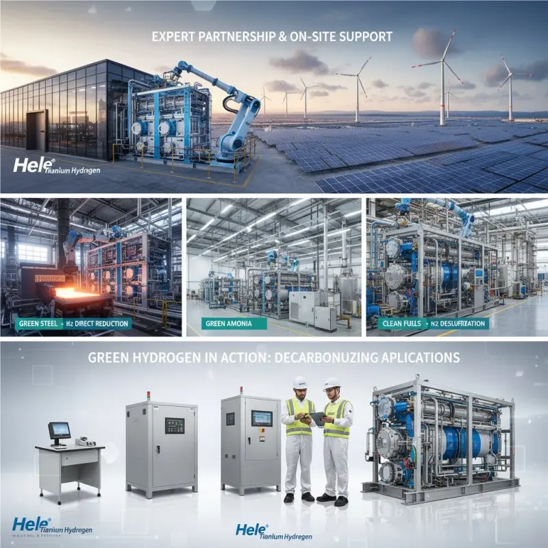 A composite image showing the primary industrial applications of green hydrogen: green steel manufacturing, green ammonia production, and clean oil refining.