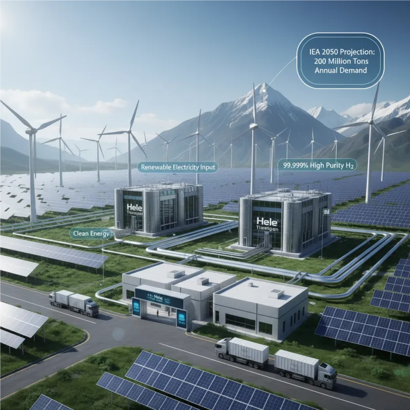 Large-scale green hydrogen production facility with PEM electrolysis systems, powered by solar and wind, for industrial hydrogen generation.
