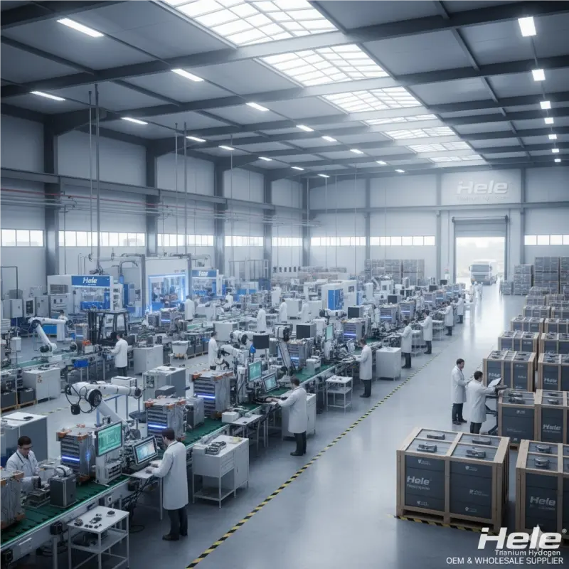 Hele Titanium Hydrogen manufacturing facility producing OEM PEM water electrolyzers for international wholesale buyers.
