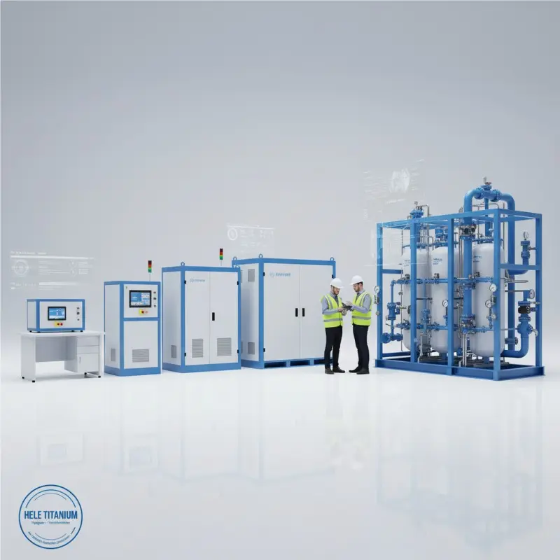 A product showcase of Hele Titanium's industrial-grade PEM hydrogen generators, displaying a range of scalable models for various B2B applications.