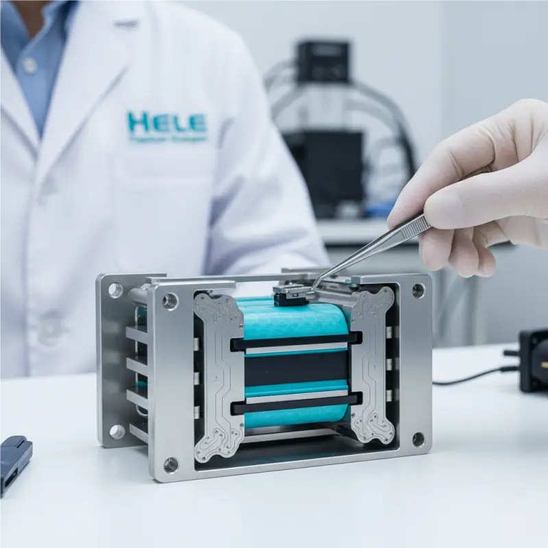 Close-up of Hele Titanium Hydrogen PEM electrolyzer stack for efficient hydrogen production.