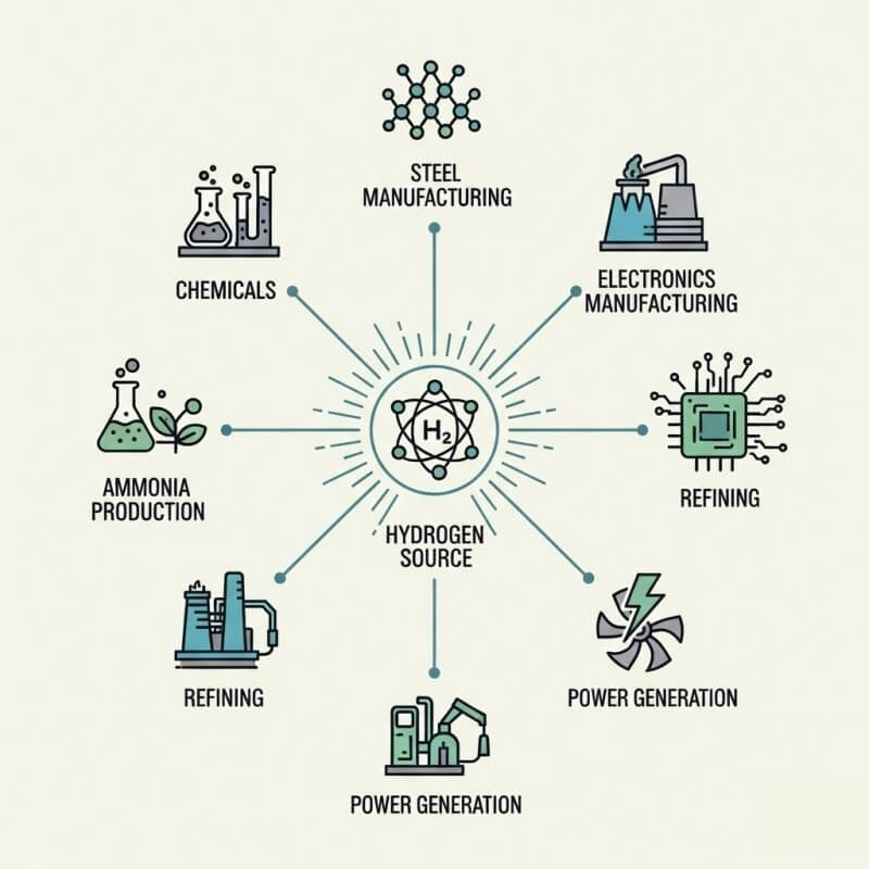 An infographic illustrating the various industrial applications of hydrogen, including chemicals, steel, and electronics manufacturing, using clean icons and connecting lines.
