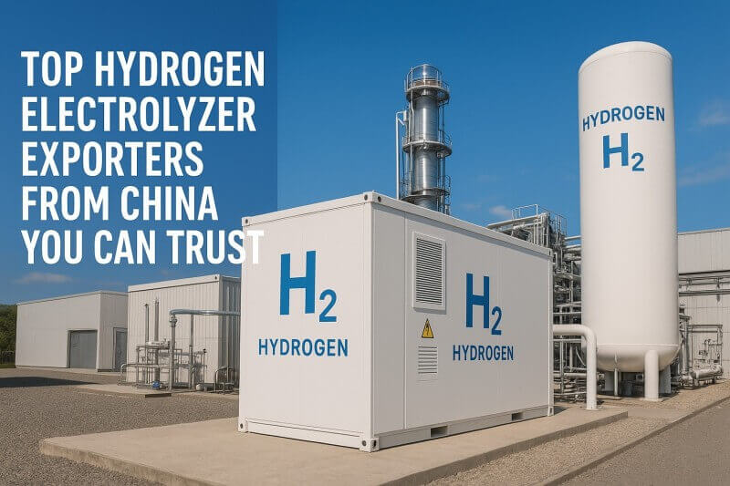 Hydrogen electrolyzer facility in China with modern equipment and H2 storage tanks.