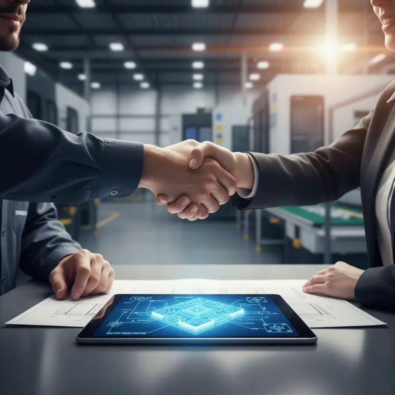 Conceptual visual of a strategic OEM manufacturing partnership handshake over engineering blueprints.