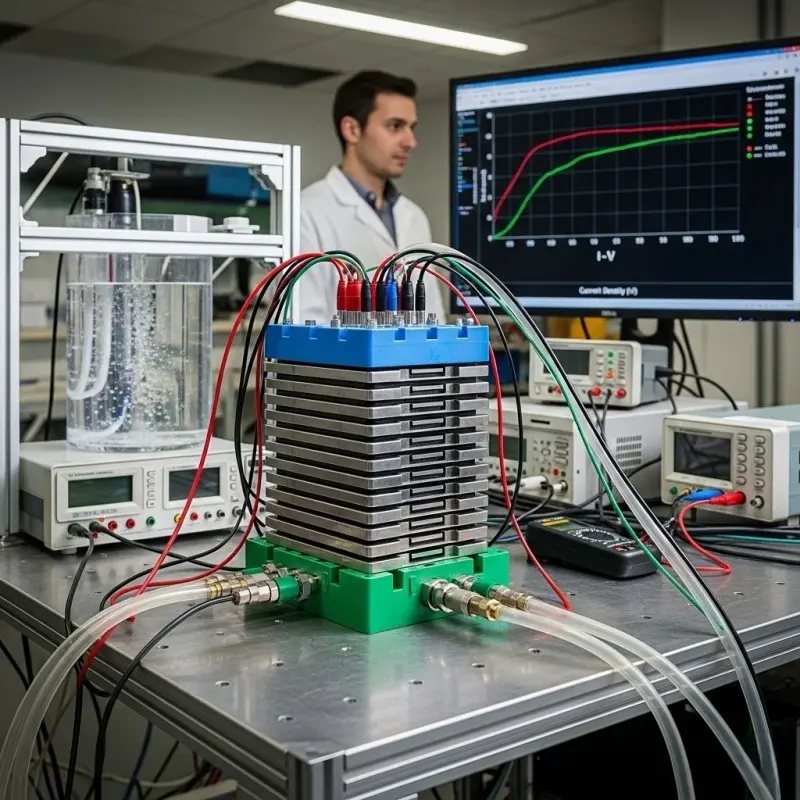 A completed hydrogen electrolyzer undergoing final quality assurance validation on a performance test bench before shipment, a critical step for OEM electrolyzer manufacturing.
