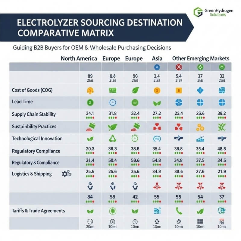 Hydrogen electrolyzer sourcing evaluation matrix showing cost, technology, reliability, government support