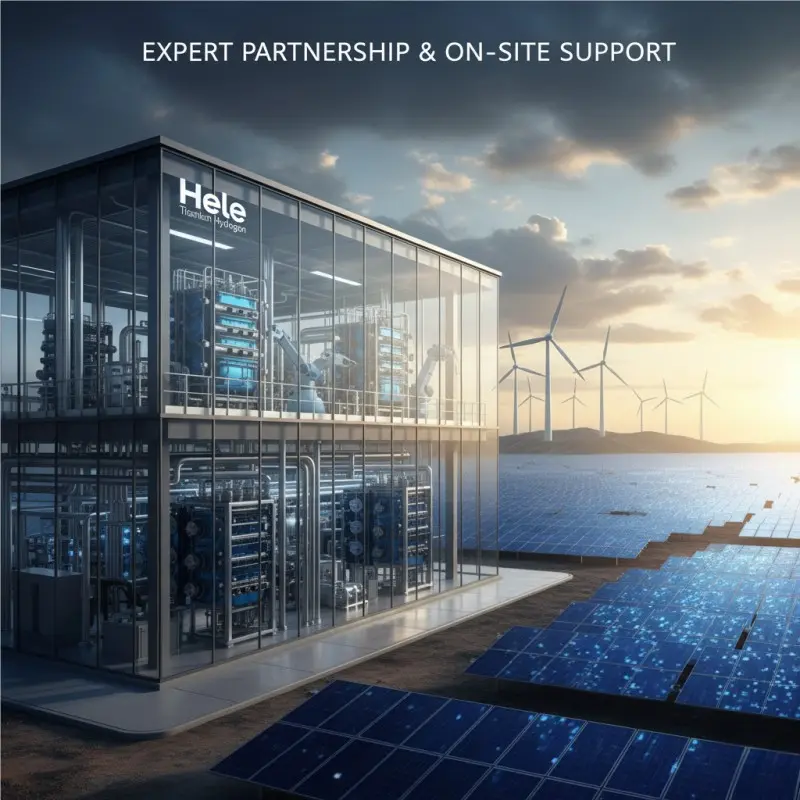 Large-scale industrial green hydrogen production facility with PEM electrolyzers powered by renewable energy sources for industrial decarbonization.