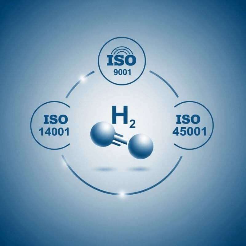 The trust marks of an ISO certified electrolyzer manufacturer, showing the ISO 9001, 14001, and 45001 logos, signifying quality in hydrogen OEM manufacturing