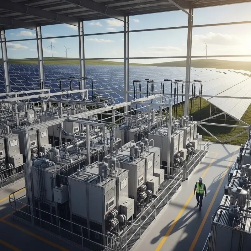 A rendering of a megawatt-scale green hydrogen production facility with PEM electrolyzer units integrated with a large solar panel array.