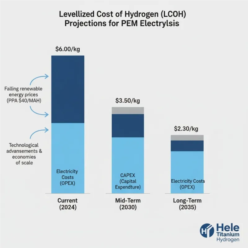 Infographic showing Levelized Cost of Hydrogen (LCOH) breakdown and future projections for PEM electrolysis, highlighting cost reduction strategies for green hydrogen.