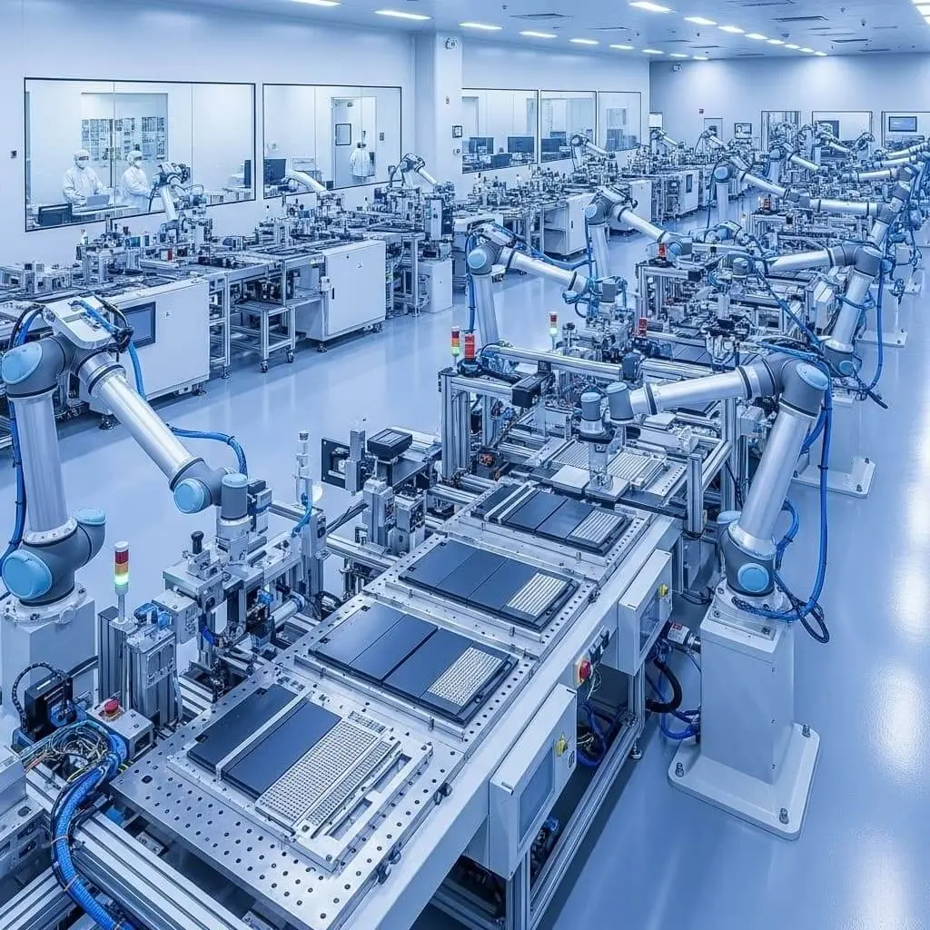 A wide-angle view of a clean, modern, and automated manufacturing facility for PEM stacks, showing robotic arms and organized assembly lines.