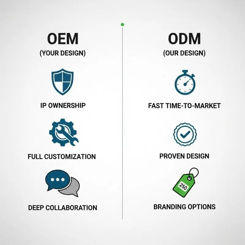 An infographic comparing OEM vs. ODM services for hydrogen electrolyzer manufacturing, detailing differences in IP ownership, customization, and time-to-market.