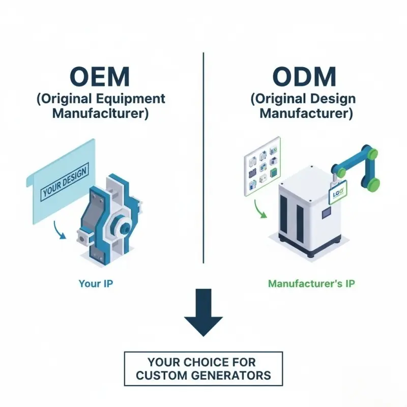 Infographic comparing OEM and ODM manufacturing processes for custom hydrogen generators.