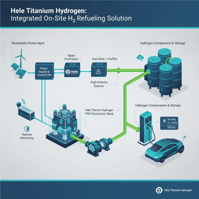Detailed flow diagram of a complete on-site hydrogen generation solution using a Hele Titanium Hydrogen PEM electrolyzer.