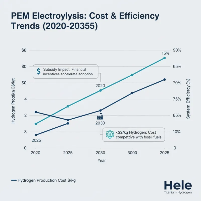 Graph showing cost and efficiency trends of PEM electrolysis systems from 2020 to 2035.