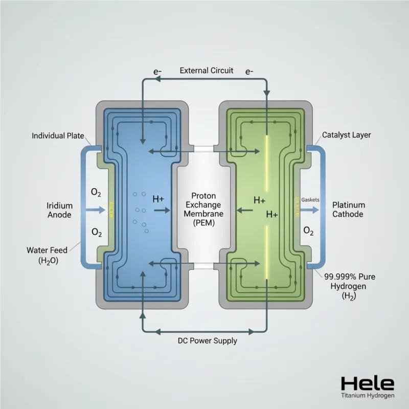 Detailed diagram illustrating how a single PEM electrolyzer cell works, showing water splitting, proton flow, and pure hydrogen production for B2B applications.