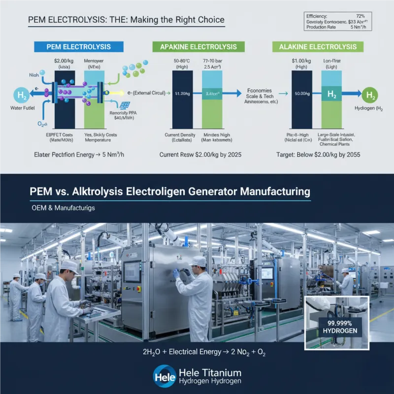 Detailed diagram illustrating how a single PEM electrolyzer cell works, showing water splitting, proton flow, and pure hydrogen production for B2B applications.