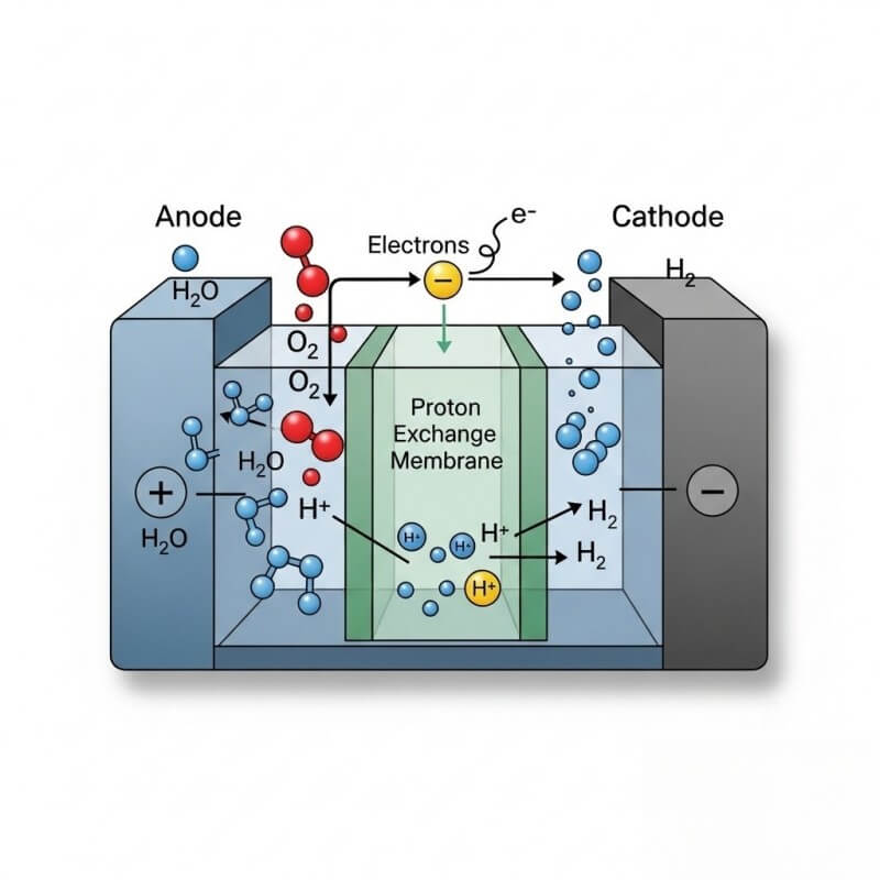 A diagram of a PEM electrolyzer with labeled components like the anode, cathode, and proton exchange membrane, emphasizing clarity and technical accuracy.