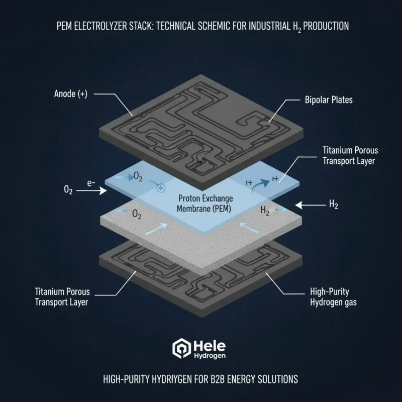 Diagram of PEM electrolyzer showing stack design for industrial hydrogen production