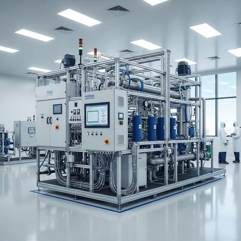 A large, modern PEM electrolyzer for industrial use, shown in a clean, high-tech facility, representing a reliable green hydrogen solution.