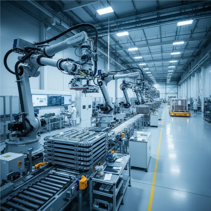 An automated gigafactory production line for manufacturing PEM electrolyzer stacks, highlighting the scale and precision required for industrial hydrogen projects.