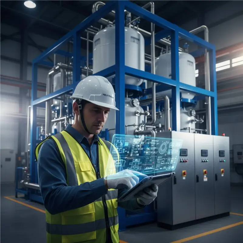 A Hele Titanium engineer providing on-site consultation and support to an industrial client for a PEM electrolyzer system integration project.