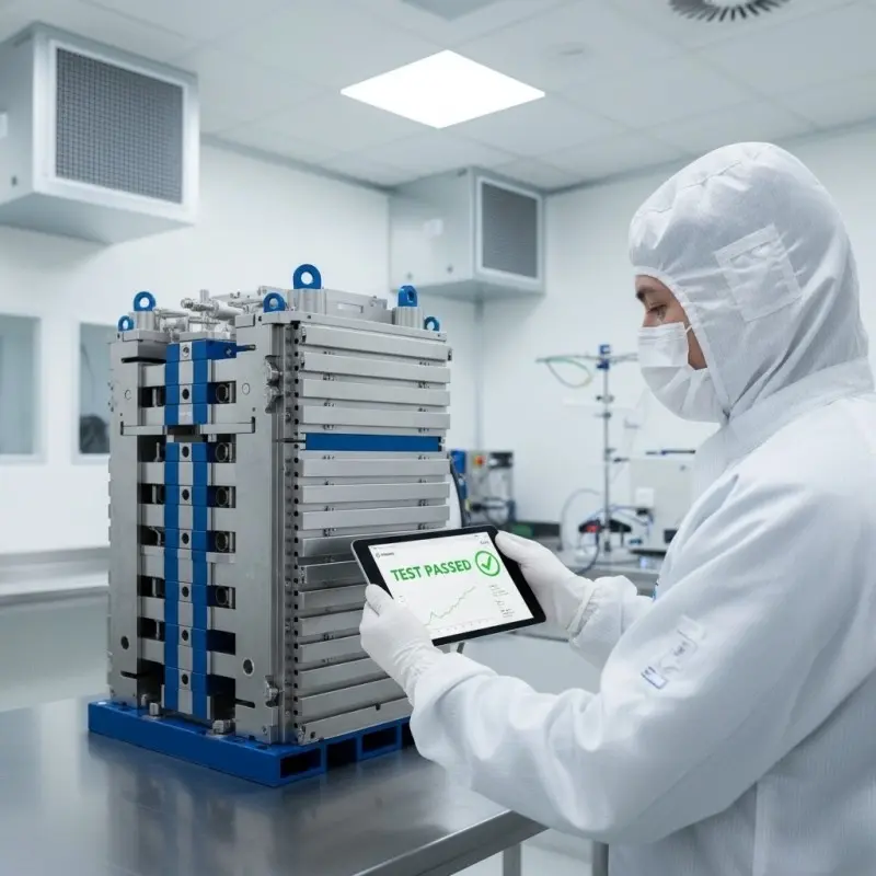 Technician performing quality control and performance testing on a PEM hydrogen electrolyzer stack in a cleanroom.