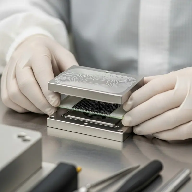 A highly skilled technician in a full cleanroom suit meticulously assembling a PEM electrolyzer stack, demonstrating the precision required for electrolyzer manufacturing.