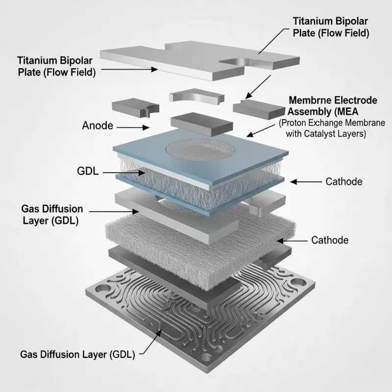 A detailed diagram of PEM stack components for a large-scale hydrogen electrolyzer, showing the MEA, titanium bipolar plates, and GDL.