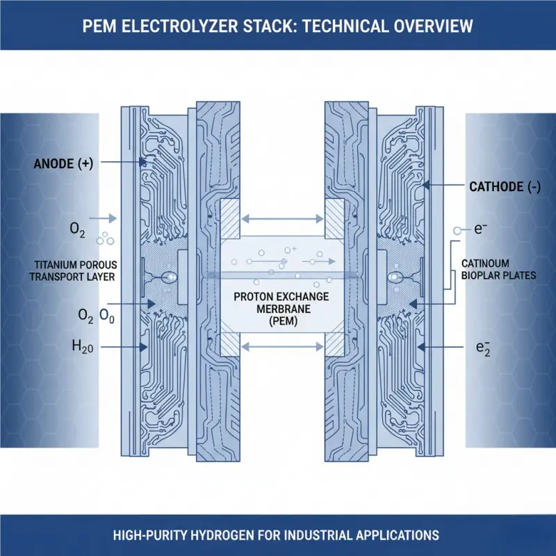 A detailed technical diagram of a PEM electrolyzer stack, showing the catalyst coated membrane (CCM), bipolar plates, and flow of water, hydrogen, and oxygen.