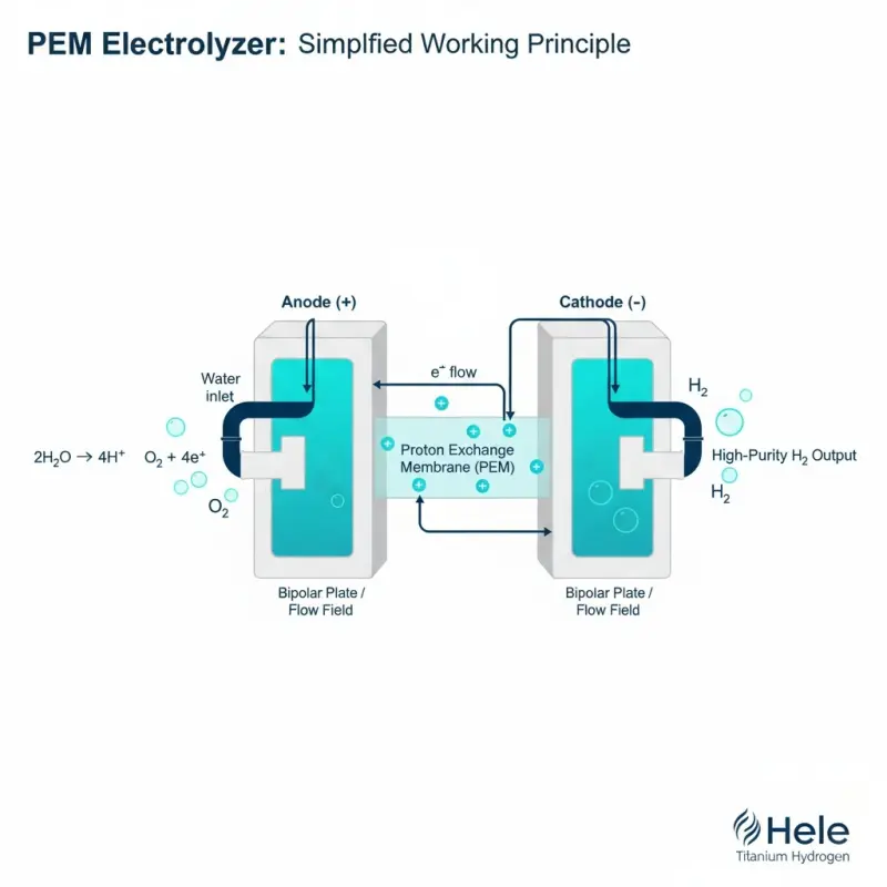 Infographic diagram showing the working principle of a PEM electrolyzer from Hele Titanium Hydrogen.