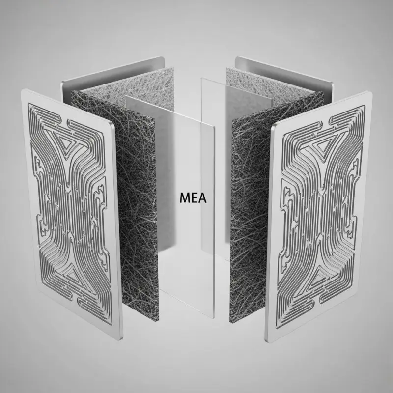 An exploded-view illustration of core PEM stack components, including the MEA, a titanium bipolar plate (BPP), and a Gas Diffusion Layer (GDL).