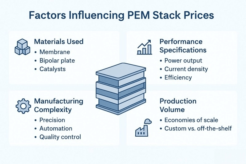 Cost breakdown chart of proton exchange membrane stack price for OEM hydrogen electrolyzer manufacturers and wholesale buyers.