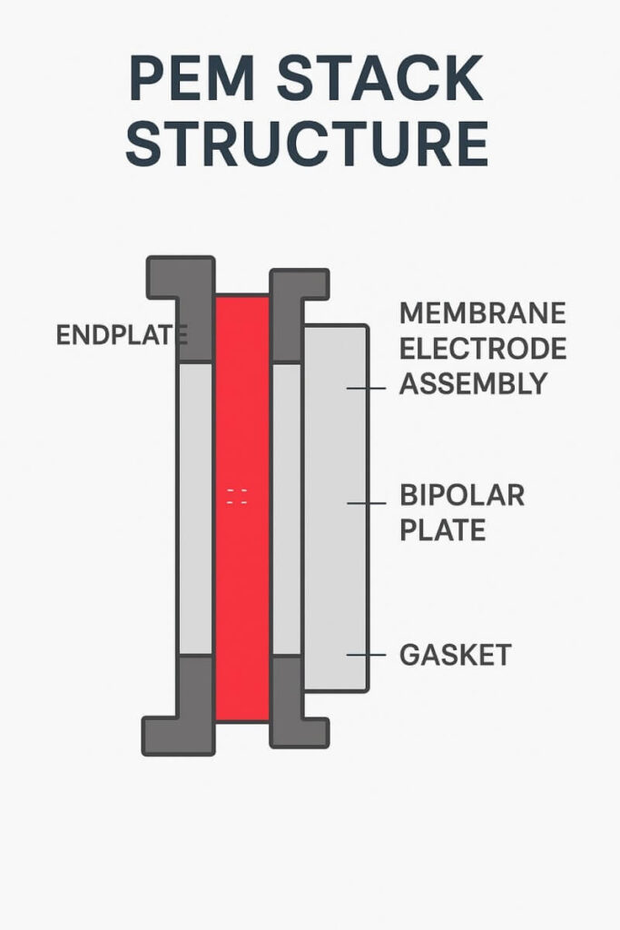 Proton exchange membrane stack structure showing MEA, bipolar plates, and endplates for hydrogen fuel cell manufacturers.