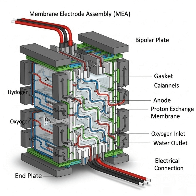 Proton exchange membrane stack structure showing MEA, bipolar plates, and endplates for hydrogen fuel cell manufacturers
