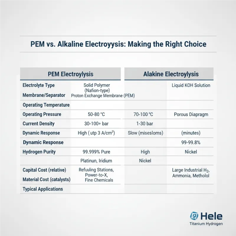 Comparison table contrasting PEM and alkaline electrolysis systems, highlighting key differences for B2B decision-making in hydrogen production technology